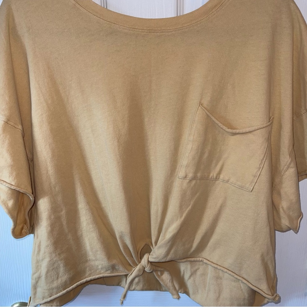 aerie Short Sleeve Tie-Hem Pocket Tee in Pale Yellow - Picture 7 of 8